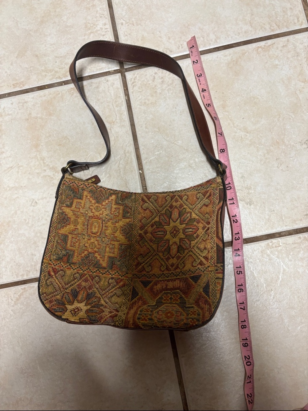 VTG y2k Fossil tapestry hobo shoulder bag brown leather strap boho - Picture 10 of 10
